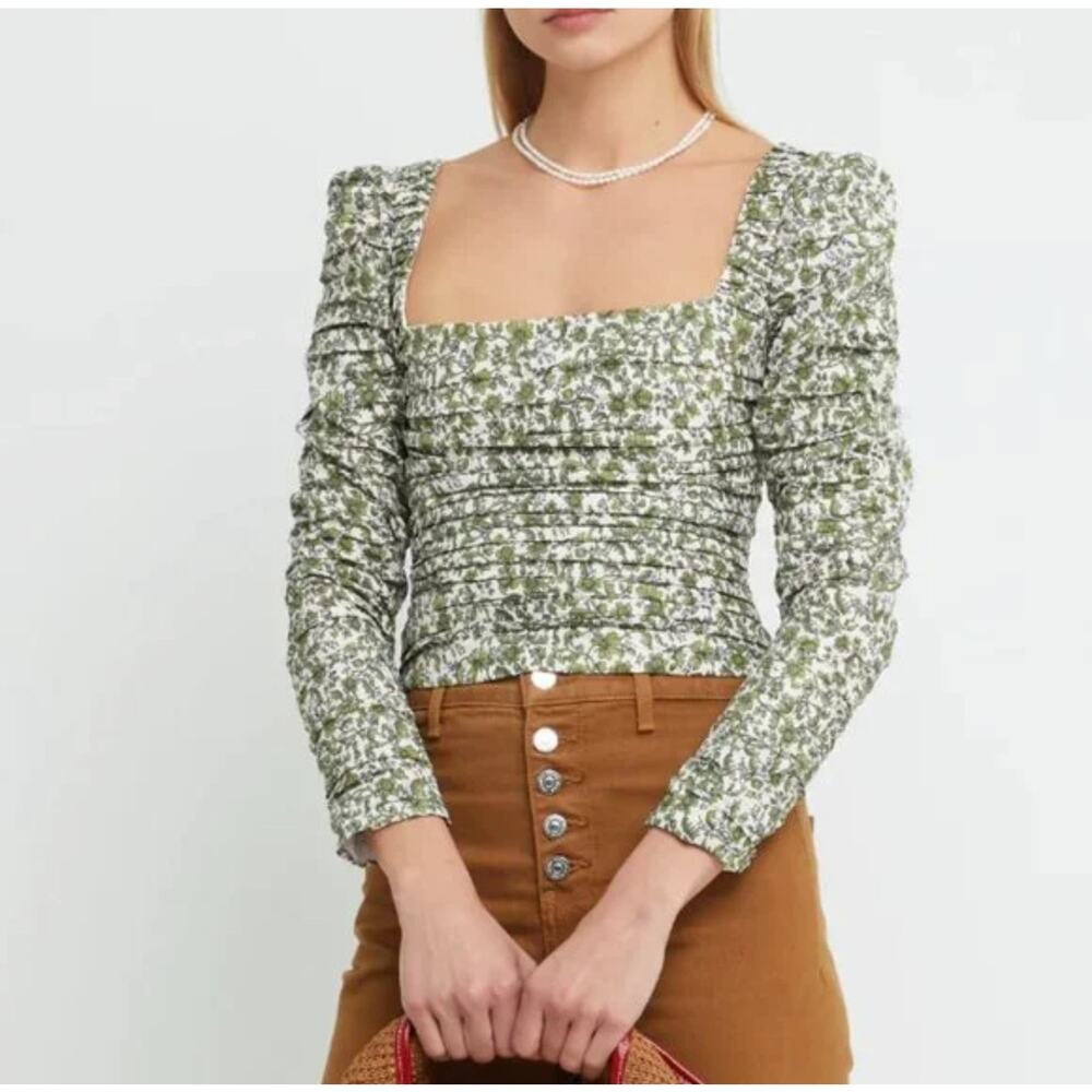 NWT Kourt Anastasia Green & White Floral Square Neck Top Accordion Fold Size XS